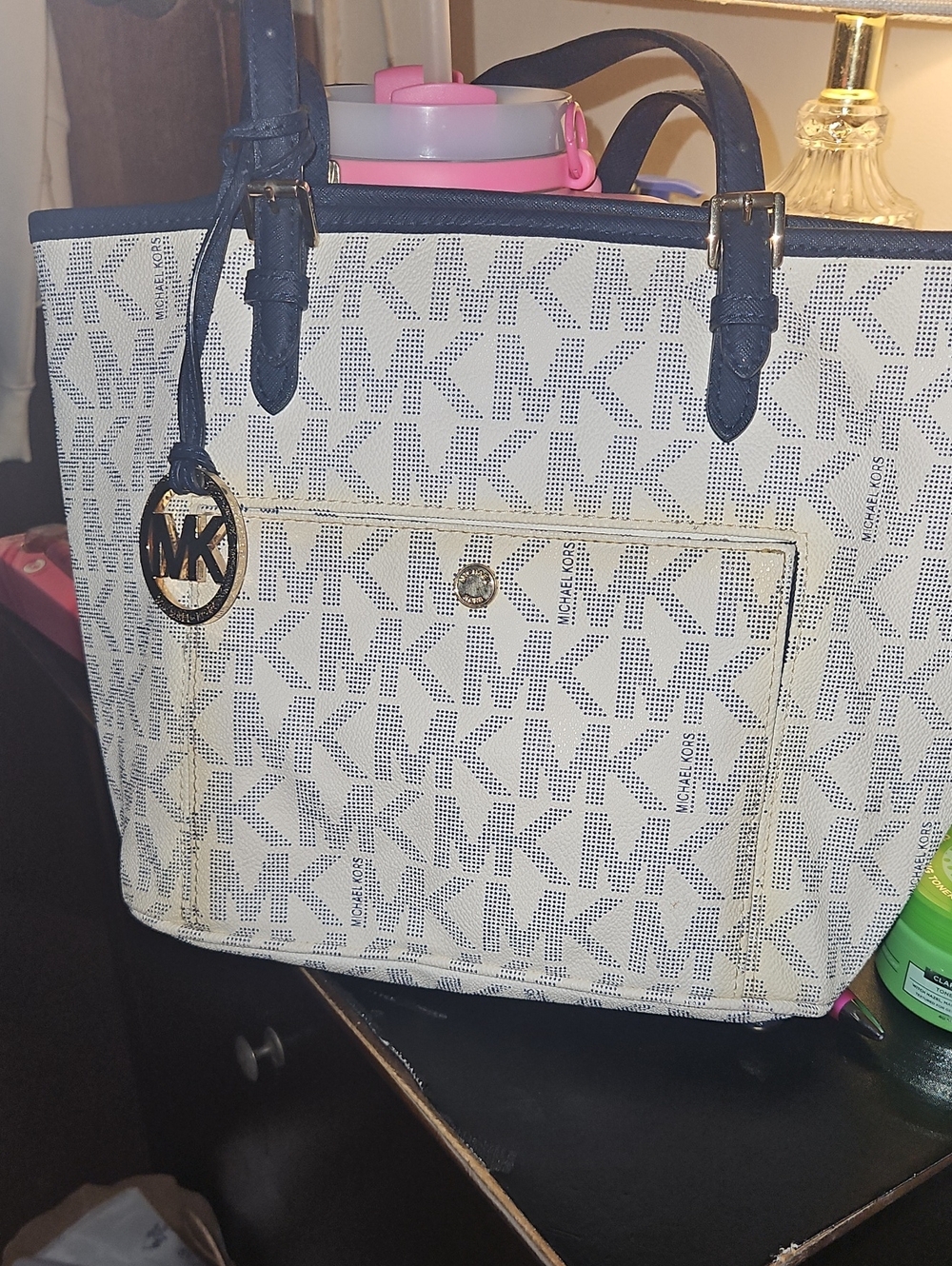 Michael Kors Navy and Cream MK Logo Tote